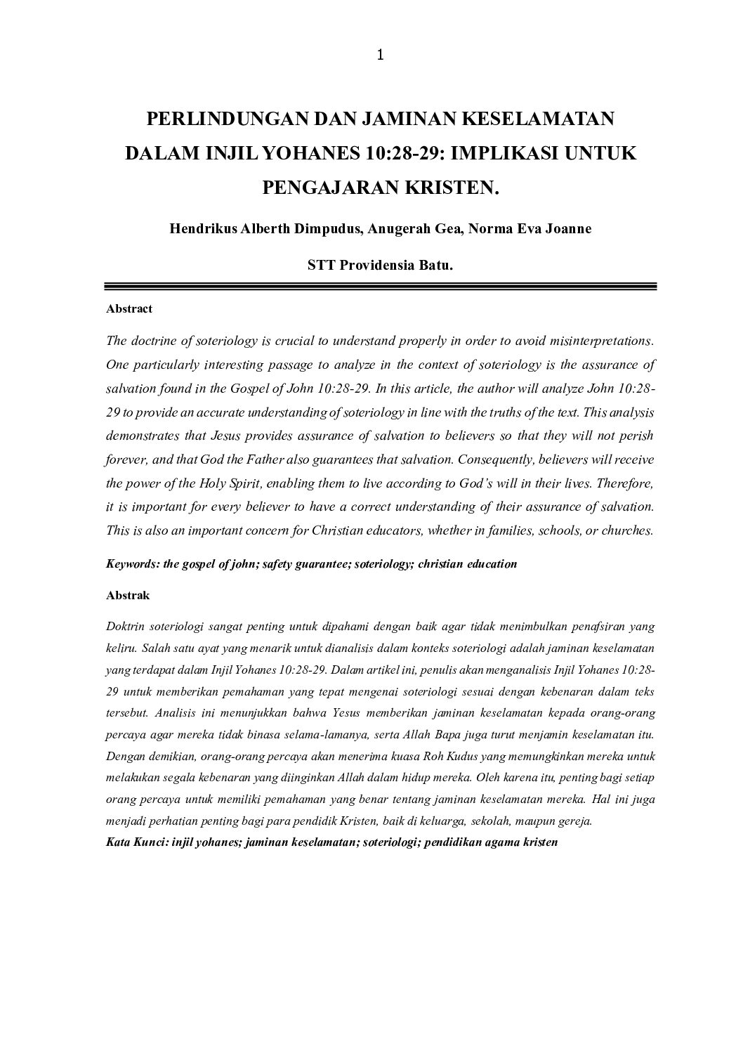 PERLINDUNGAN DAN JAMINAN KESELAMATAN DALAM INJIL YOHANES 20 Pdf